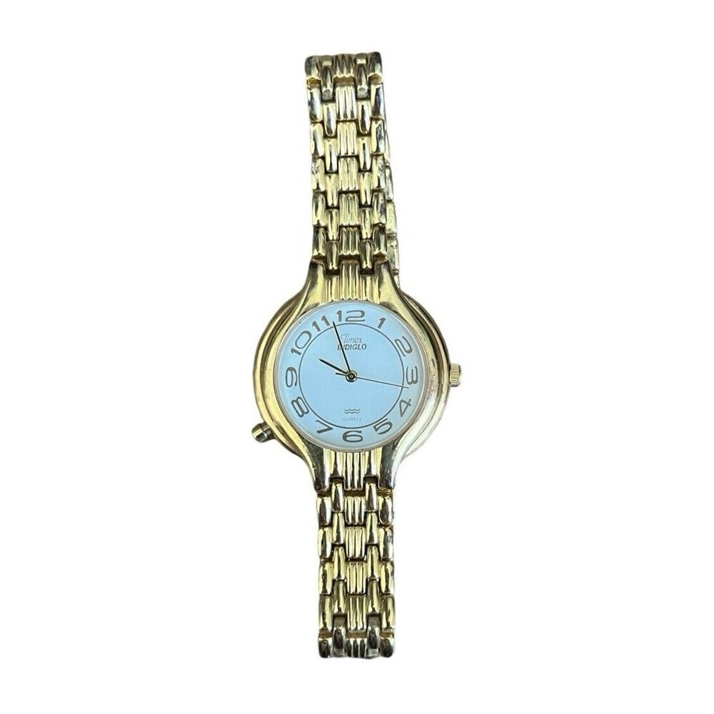 Timex Indiglo Watch Women Stainless Steel Gold Light White Needs Battery 7-1/2"
